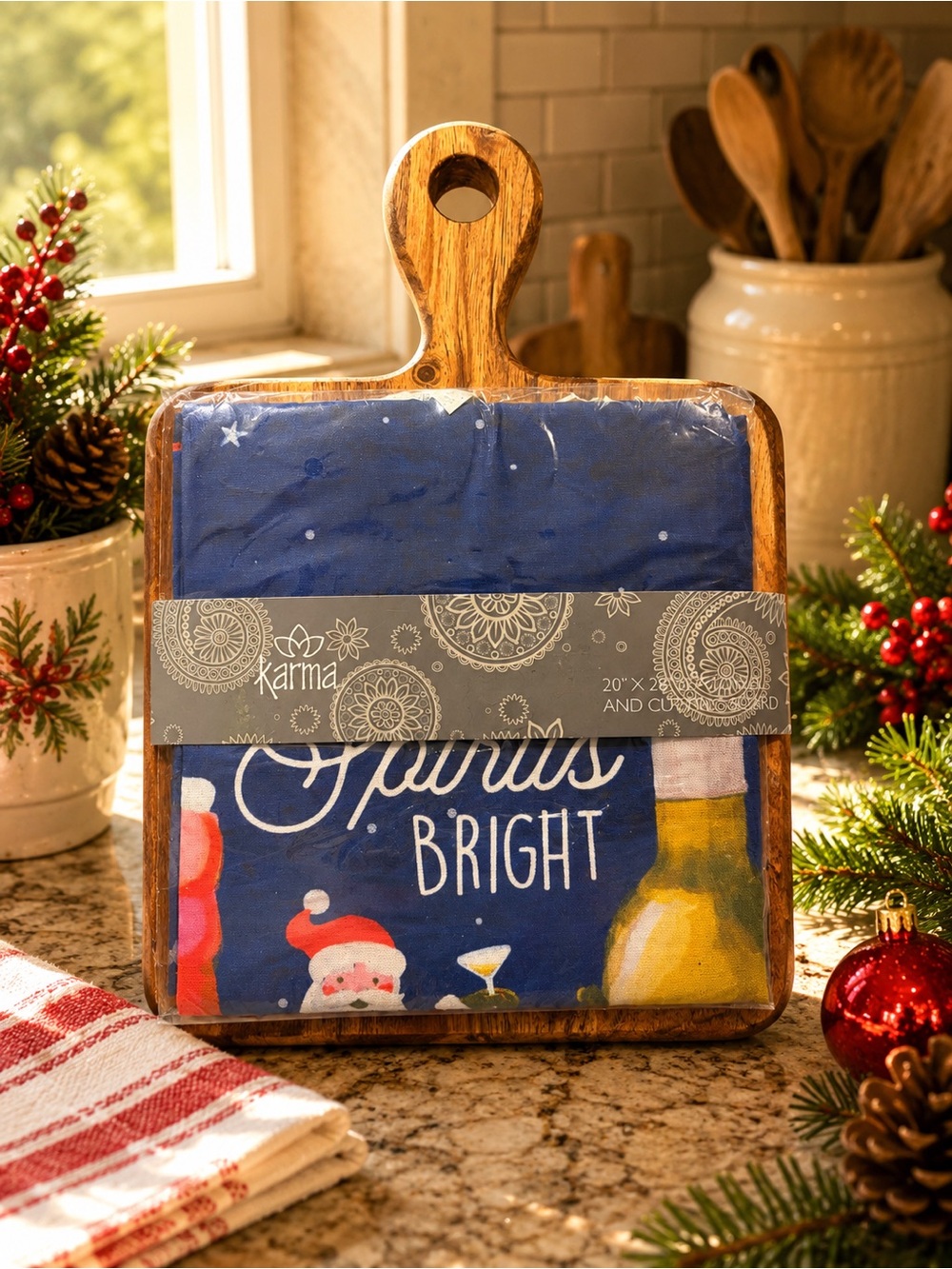 Karma Cutting Board with Holiday Towel